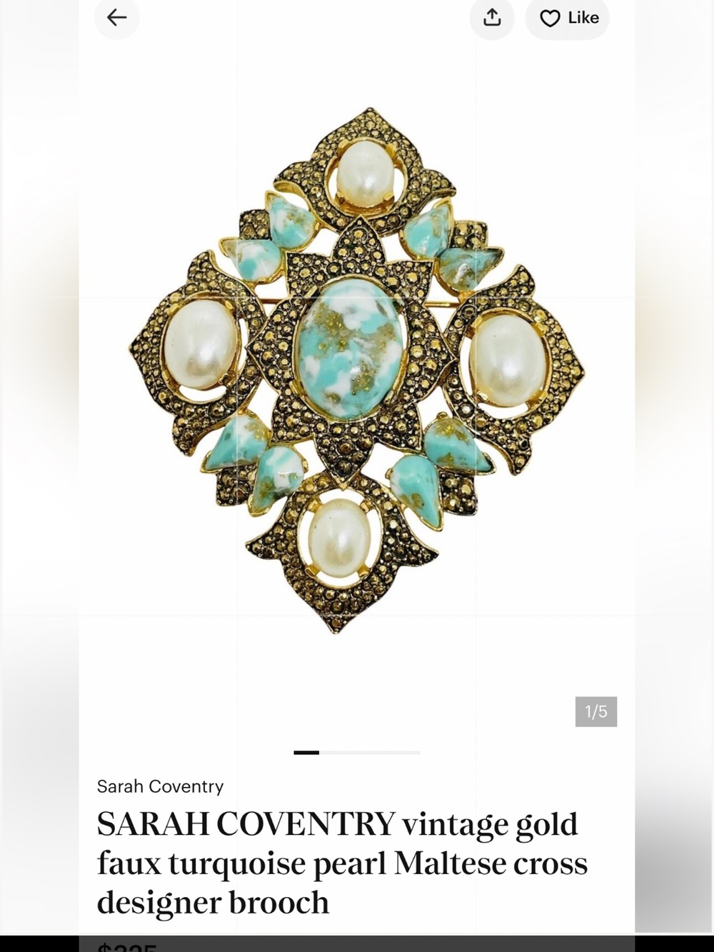 Antique Gold-Tone Turquoise & Pearl Statement Brooch with Clip Earrings